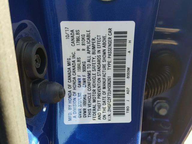 2HGFC2F73JH506261 - 2018 HONDA CIVIC EX Կապույտ լուսանկար 10