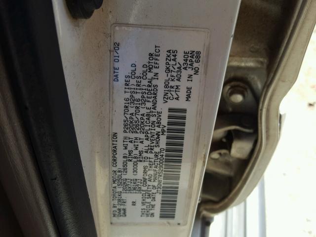 JT3GN87R529000470 - 2002 TOYOTA 4RUNNER LI WHITE photo 10