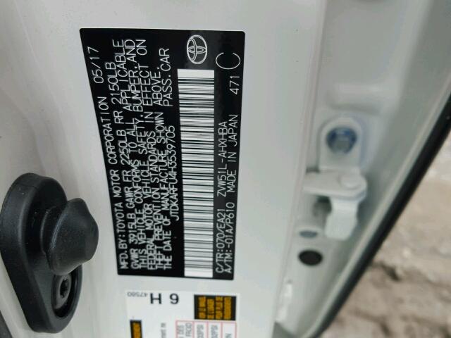 JTDKARFU4H3539705 - 2017 TOYOTA PRIUS WHITE photo 10