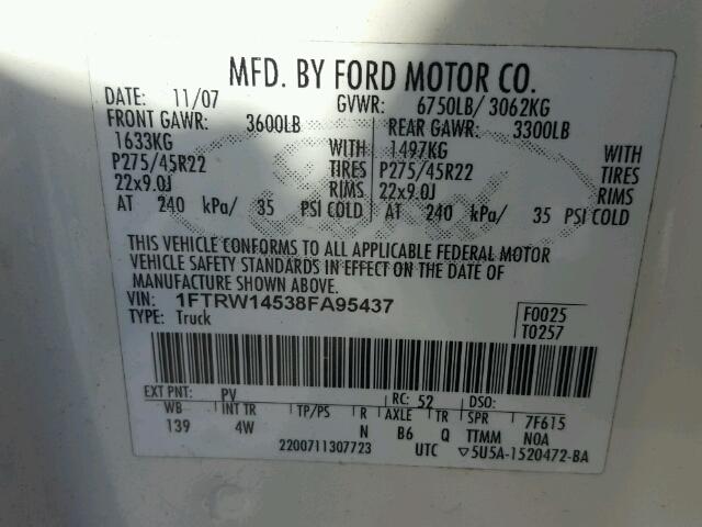 1FTRW14538FA95437 - 2008 FORD F150 SUPER WHITE photo 10