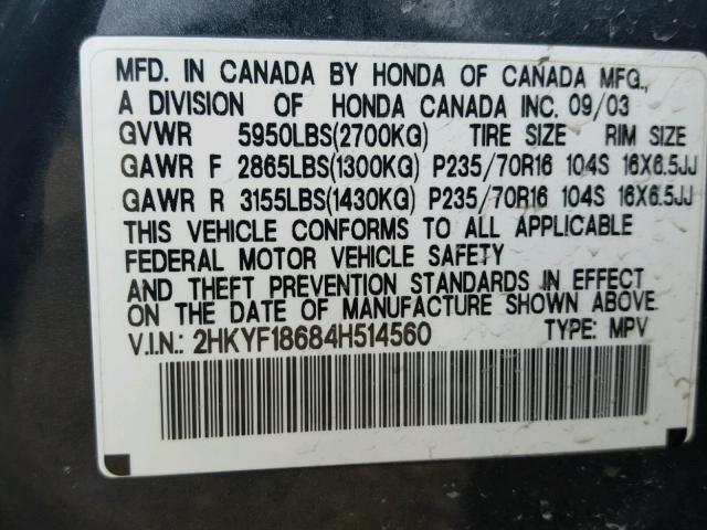 2HKYF18684H514560 - 2004 HONDA PILOT EXL BLUE photo 10