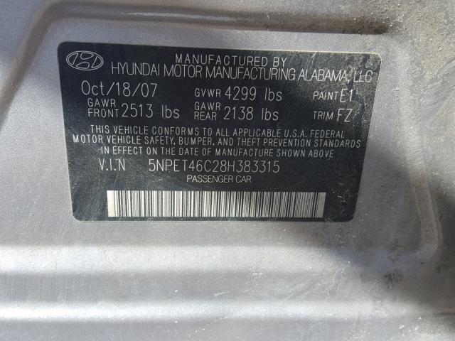 5NPET46C28H383315 - 2008 HYUNDAI SONATA GLS SILVER photo 10