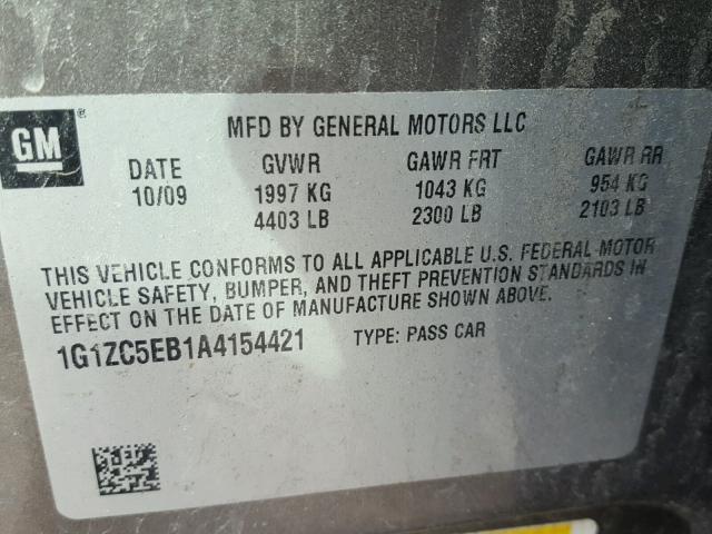 1G1ZC5EB1A4154421 - 2010 CHEVROLET MALIBU 1LT GRAY photo 10