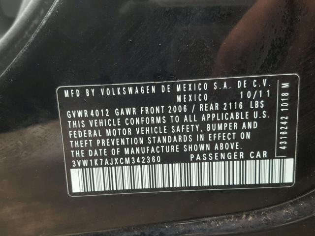 3VW1K7AJXCM342360 - 2012 VOLKSWAGEN JETTA BASE შავი ფოტო 10