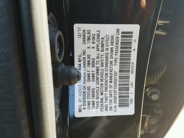 2HGFC2F75JH521537 - 2018 HONDA CIVIC EX BLACK photo 10