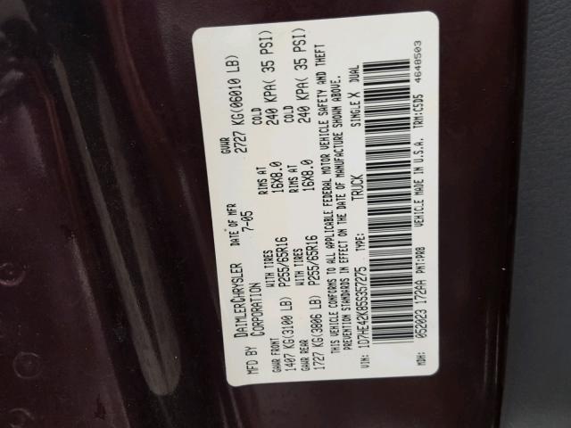 1D7HE42K85S357275 - 2005 DODGE DAKOTA SLT MAROON photo 10