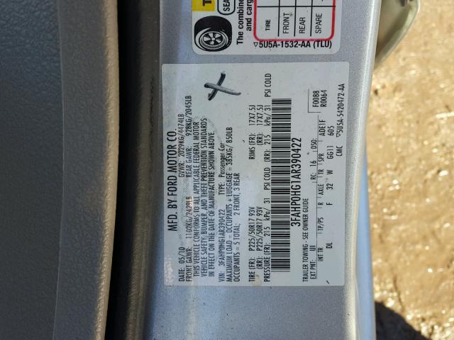 3FAHP0HG1AR390422 - 2010 FORD FUSION SE SILVER photo 10