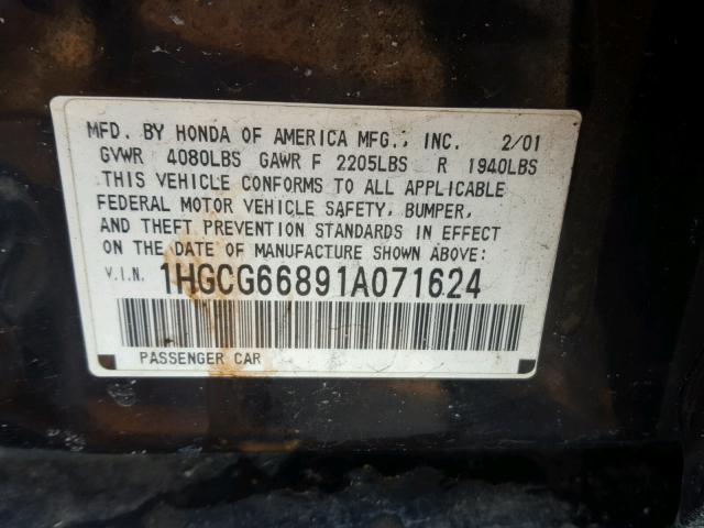 1HGCG66891A071624 - 2001 HONDA ACCORD EX BLACK photo 10