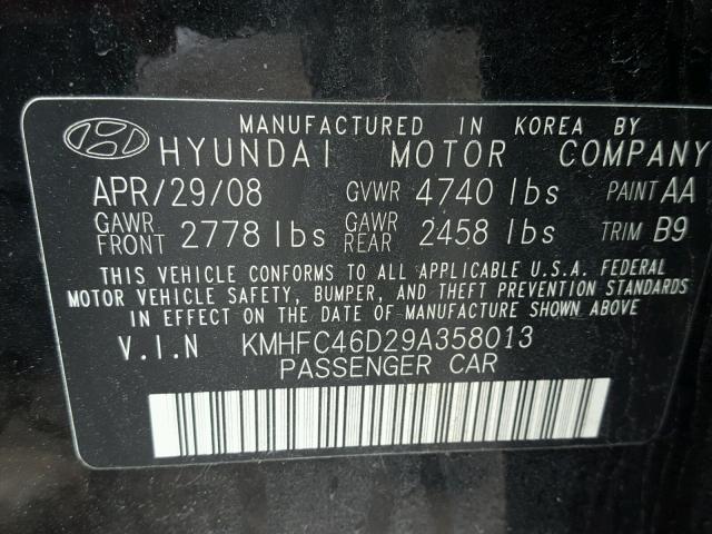 KMHFC46D29A358013 - 2009 HYUNDAI AZERA GLS BLACK photo 10