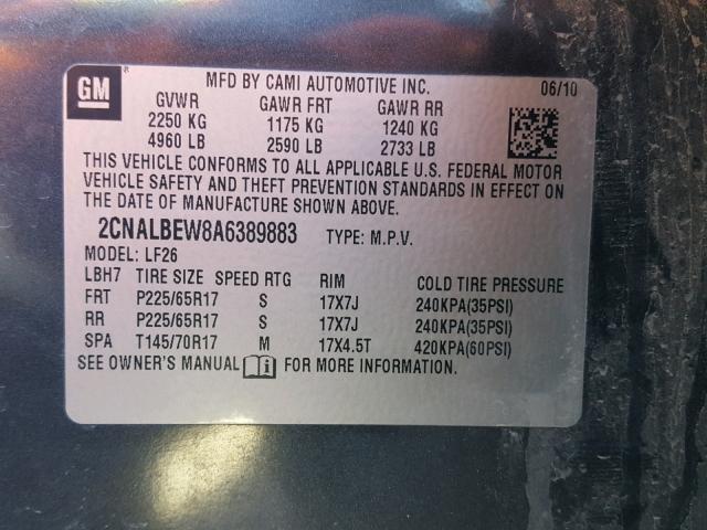 2CNALBEW8A6389883 - 2010 CHEVROLET EQUINOX LS BLUE photo 10