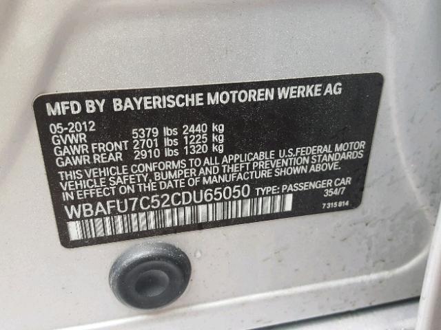 WBAFU7C52CDU65050 - 2012 BMW 535 XI ვერცხლისფერი ფოტო 10