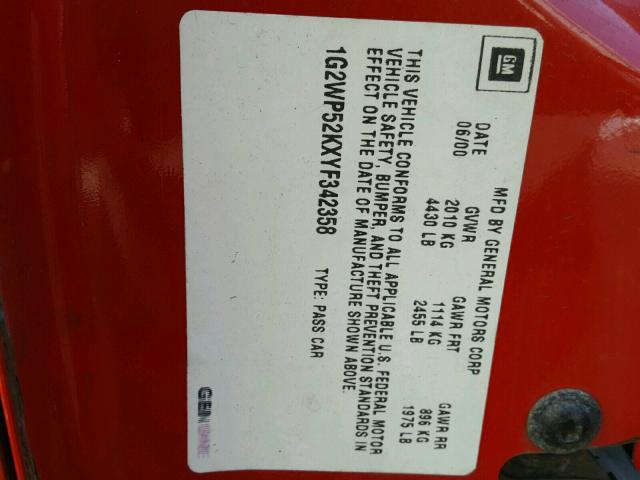 1G2WP52KXYF342358 - 2000 PONTIAC GRAND PRIX Qırmızı foto 10