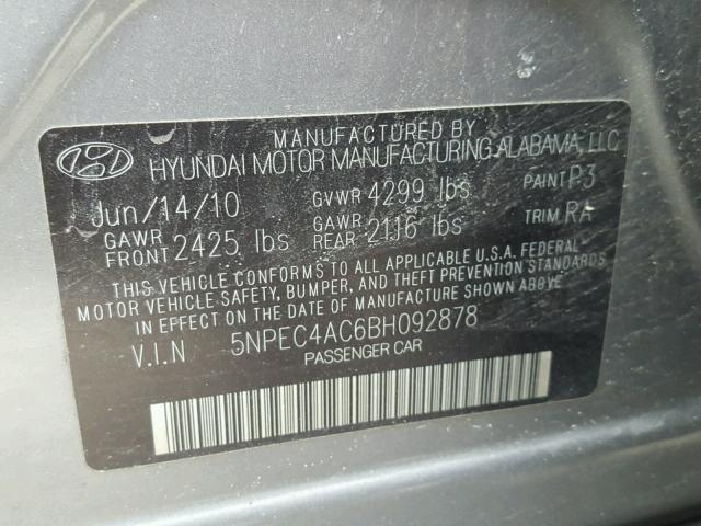 5NPEC4AC6BH092878 - 2011 HYUNDAI SONATA SE SILVER photo 10