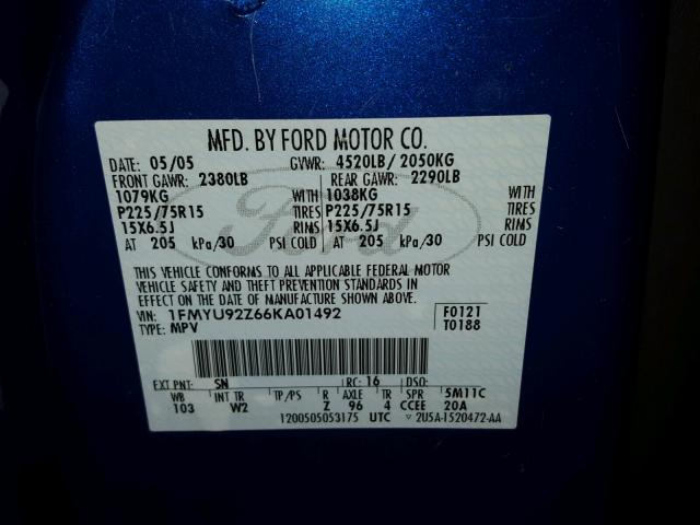 1FMYU92Z66KA01492 - 2006 FORD ESCAPE XLS BLUE photo 10