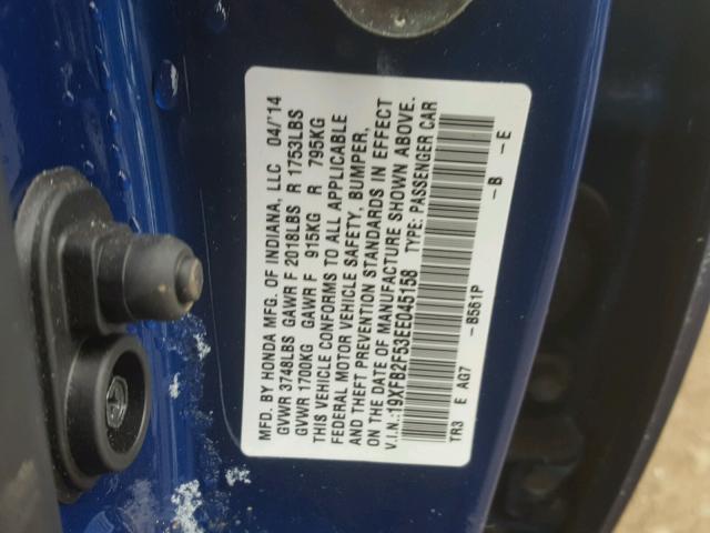 19XFB2F53EE045158 - 2014 HONDA CIVIC LX BLUE photo 10