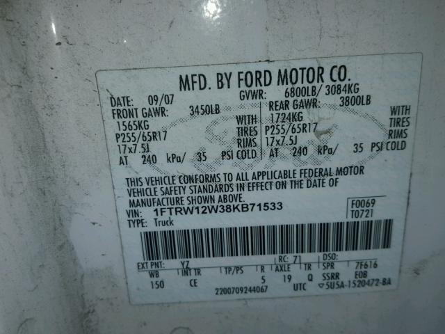 1FTRW12W38KB71533 - 2008 FORD F150 SUPER WHITE photo 10