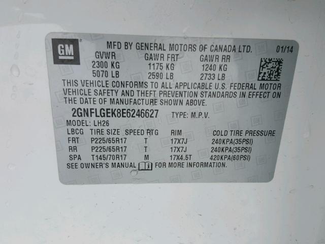 2GNFLGEK8E6246627 - 2014 CHEVROLET EQUINOX LT WHITE photo 10