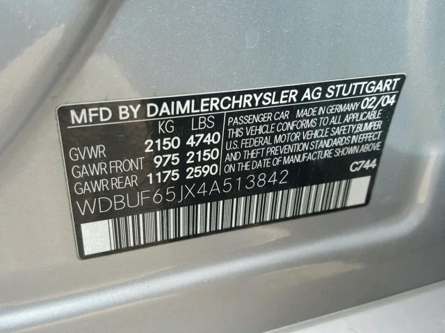 WDBUF65JX4A513842 - 2004 MERCEDES-BENZ E 320 SILVER photo 10