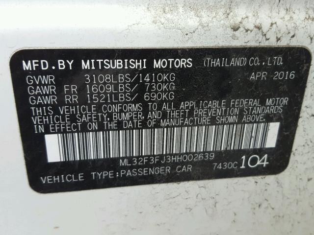 ML32F3FJ3HH002639 - 2017 MITSUBISHI MIRAGE G4 WHITE photo 10