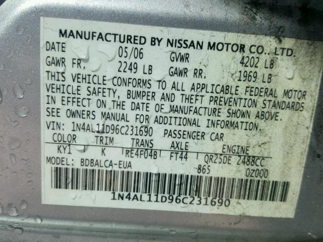 1N4AL11D96C231690 - 2006 NISSAN ALTIMA S SILVER photo 10