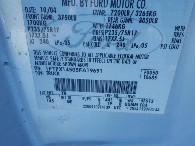 1FTPX14505FA19691 - 2005 FORD F150 BLUE photo 10