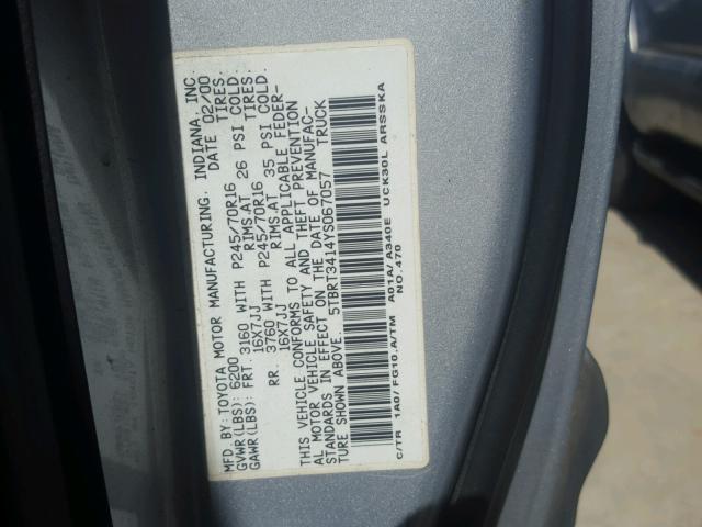 5TBRT3414YS067057 - 2000 TOYOTA TUNDRA ACC SILVER photo 10