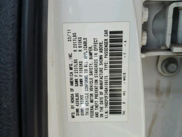 1HGCP2F34BA108075 - 2011 HONDA ACCORD LX WHITE photo 10