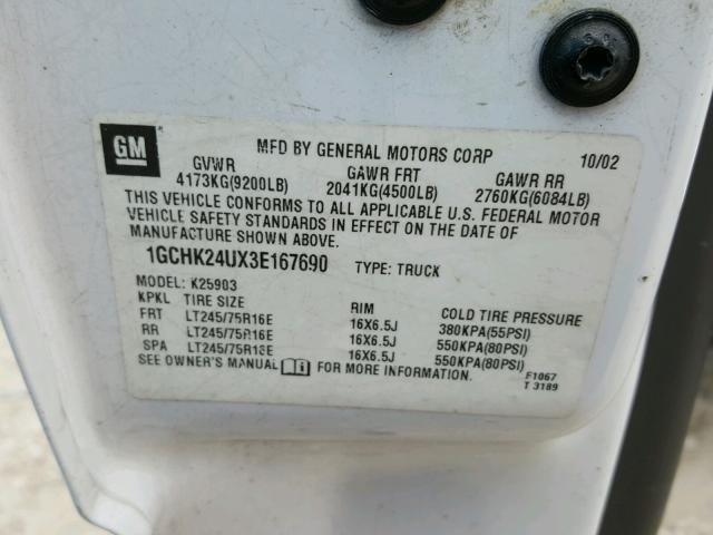 1GCHK24UX3E167690 - 2003 CHEVROLET SILVERADO WHITE photo 10