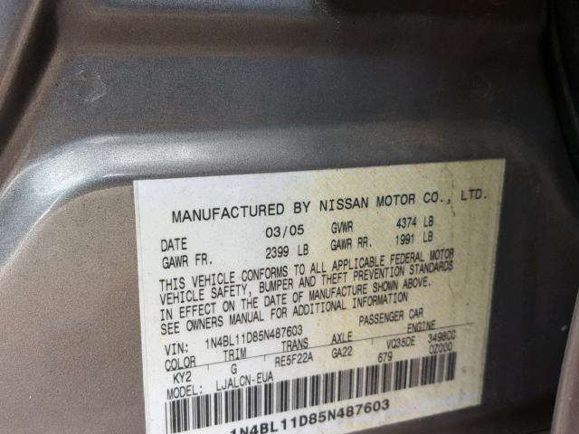 1N4BL11D85N487603 - 2005 NISSAN ALTIMA SE GRAY photo 10