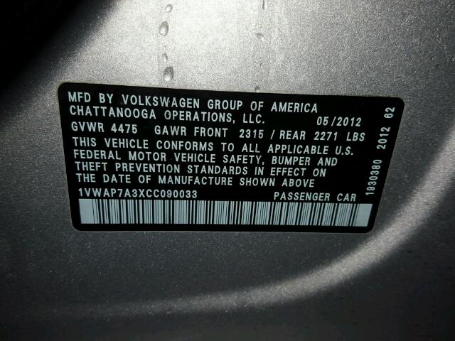 1VWAP7A3XCC090033 - 2012 VOLKSWAGEN PASSAT S ვერცხლისფერი ფოტო 10