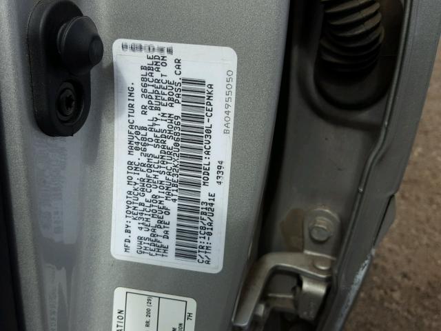 4T1BE32KX2U068369 - 2002 TOYOTA CAMRY LE SILVER photo 10