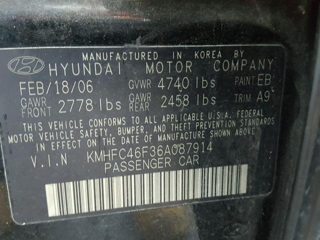 KMHFC46F36A087914 - 2006 HYUNDAI AZERA SE BLACK photo 10