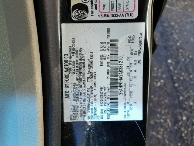 3FAHP0HA2AR381210 - 2010 FORD FUSION SE BLACK photo 10