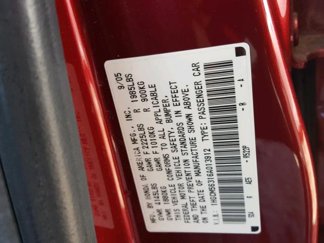 1HGCM56316A013912 - 2006 HONDA ACCORD SE RED photo 10