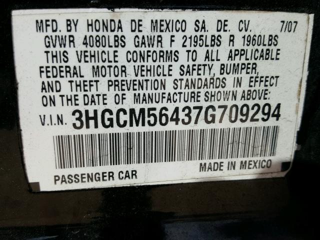 3HGCM56437G709294 - 2007 HONDA ACCORD LX BLACK photo 10