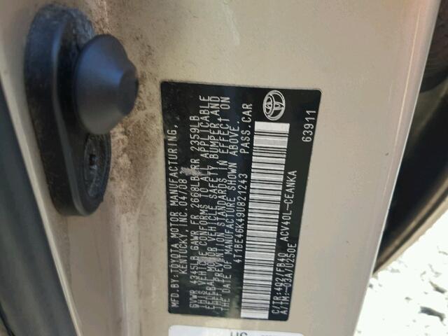 4T1BE46K49U821243 - 2009 TOYOTA CAMRY BASE GOLD photo 10