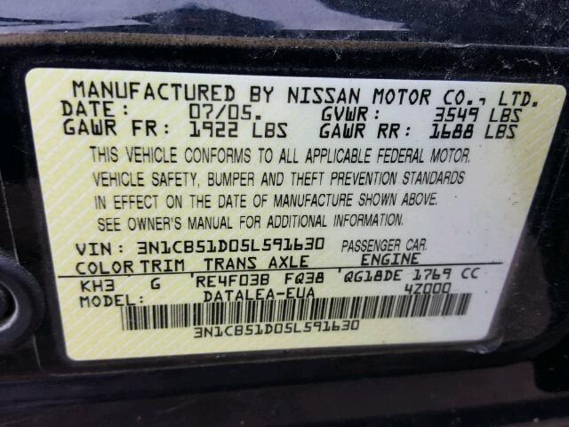 3N1CB51D05L591630 - 2005 NISSAN SENTRA 1.8 BLACK photo 10