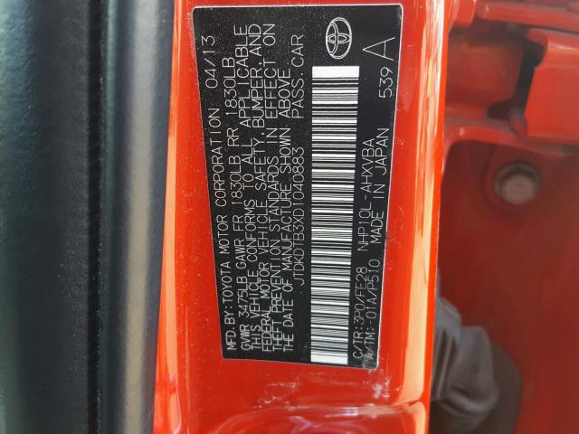 JTDKDTB3XD1040883 - 2013 TOYOTA PRIUS C RED photo 10