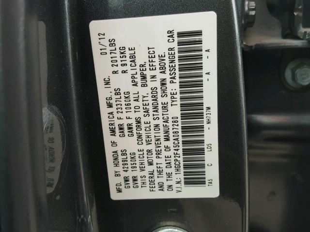 1HGCP2F45CA087280 - 2012 HONDA ACCORD LXP CHARCOAL photo 10