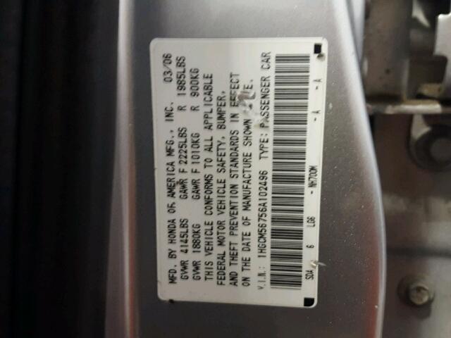 1HGCM56756A102496 - 2006 HONDA ACCORD EX SILVER photo 10