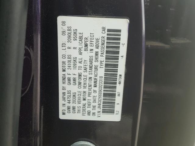 JH4CU26689C023318 - 2009 ACURA TSX PURPLE photo 10