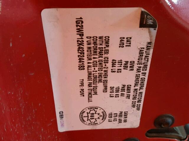 1G2WP12K42F244183 - 2002 PONTIAC GRAND PRIX Qırmızı foto 10