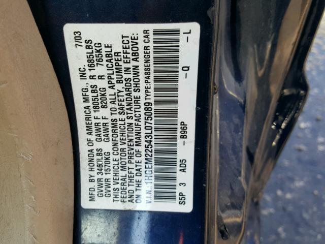 1HGEM22543L075089 - 2003 HONDA CIVIC LX BLUE photo 10