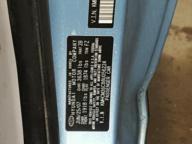 KMHCM36C88U056224 - 2008 HYUNDAI ACCENT GS BLUE photo 10