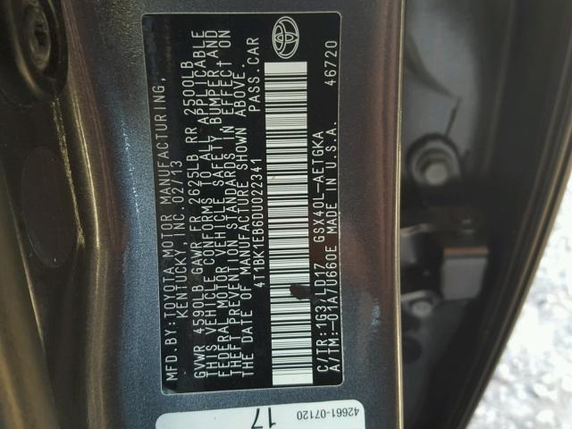 4T1BK1EB6DU022341 - 2013 TOYOTA AVALON BAS Մոխրագույն լուսանկար 10