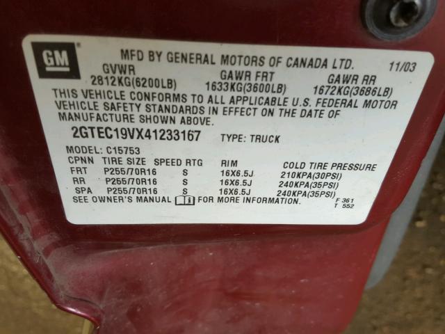 2GTEC19VX41233167 - 2004 GMC NEW SIERRA RED photo 10