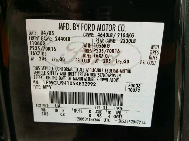 1FMCU94105KE32992 - 2005 FORD ESCAPE LIM BLACK photo 10