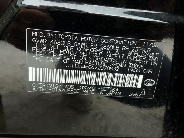 JTHBJ46G672078832 - 2007 LEXUS ES 350 BLACK photo 10