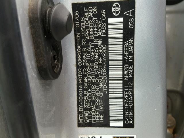 JTDKB20UX67069280 - 2006 TOYOTA PRIUS SILVER photo 10