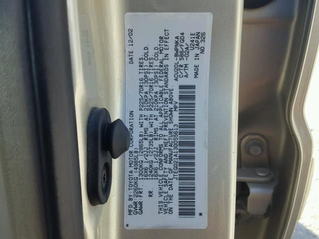 JTEGD21A130055613 - 2003 TOYOTA HIGHLANDER GOLD photo 10